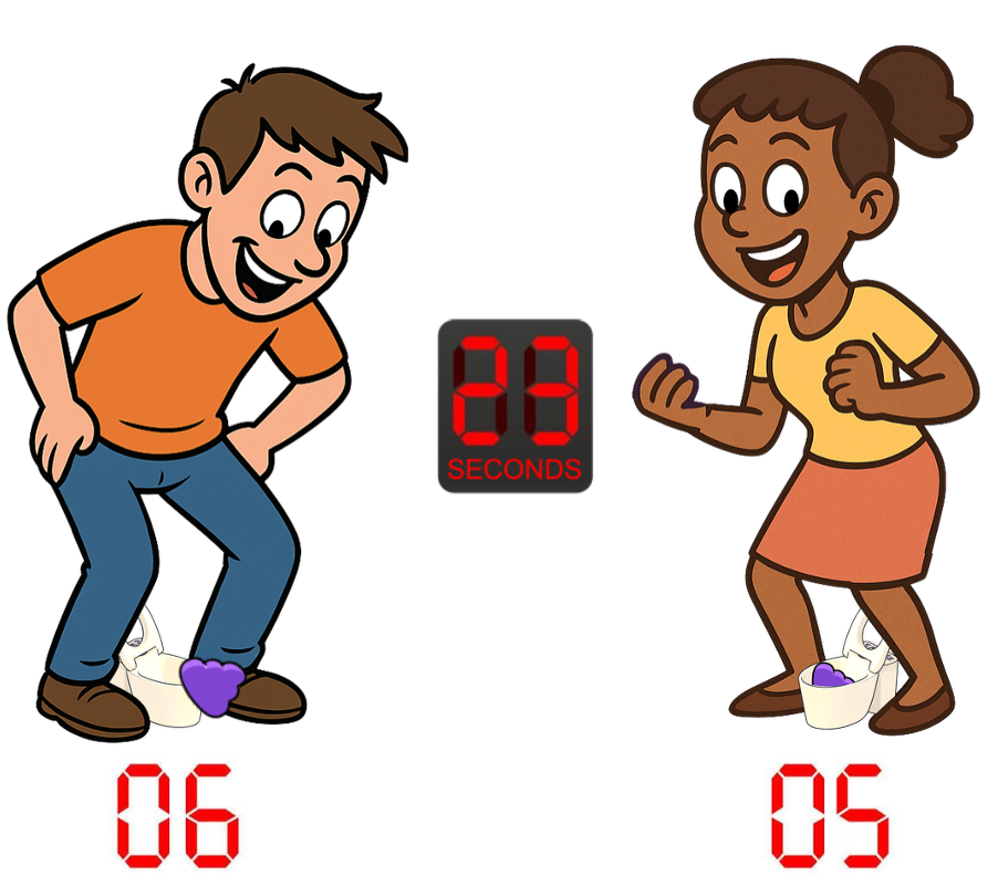 Two players race the clock at two toilets, keeping score